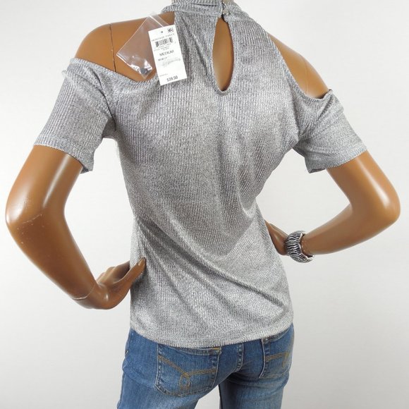 INC Top M NWT Silver X-Neck Shirt Stretch Short Sleeves Party Club Blouse - Picture 5 of 7